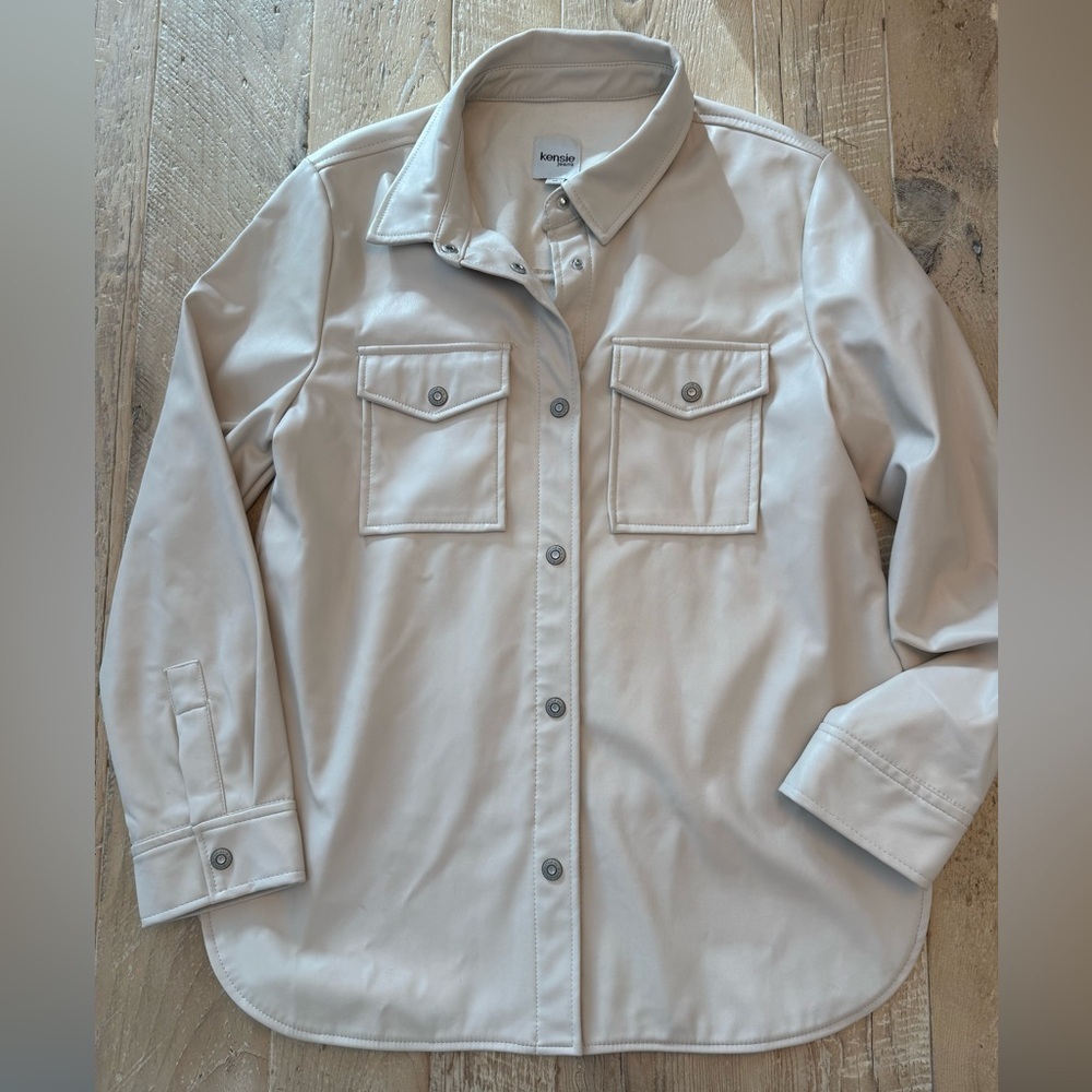 Kensie Jeans Casual Button-Front Faux Leather Shirt Jacket M
